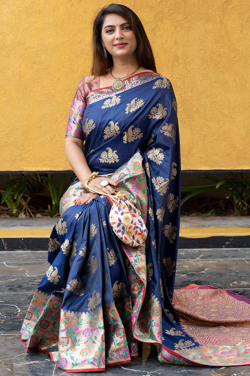 Banarasi Semi Silk Saree With Zari Buti Weaving-Royal Blue – Banarasikargha