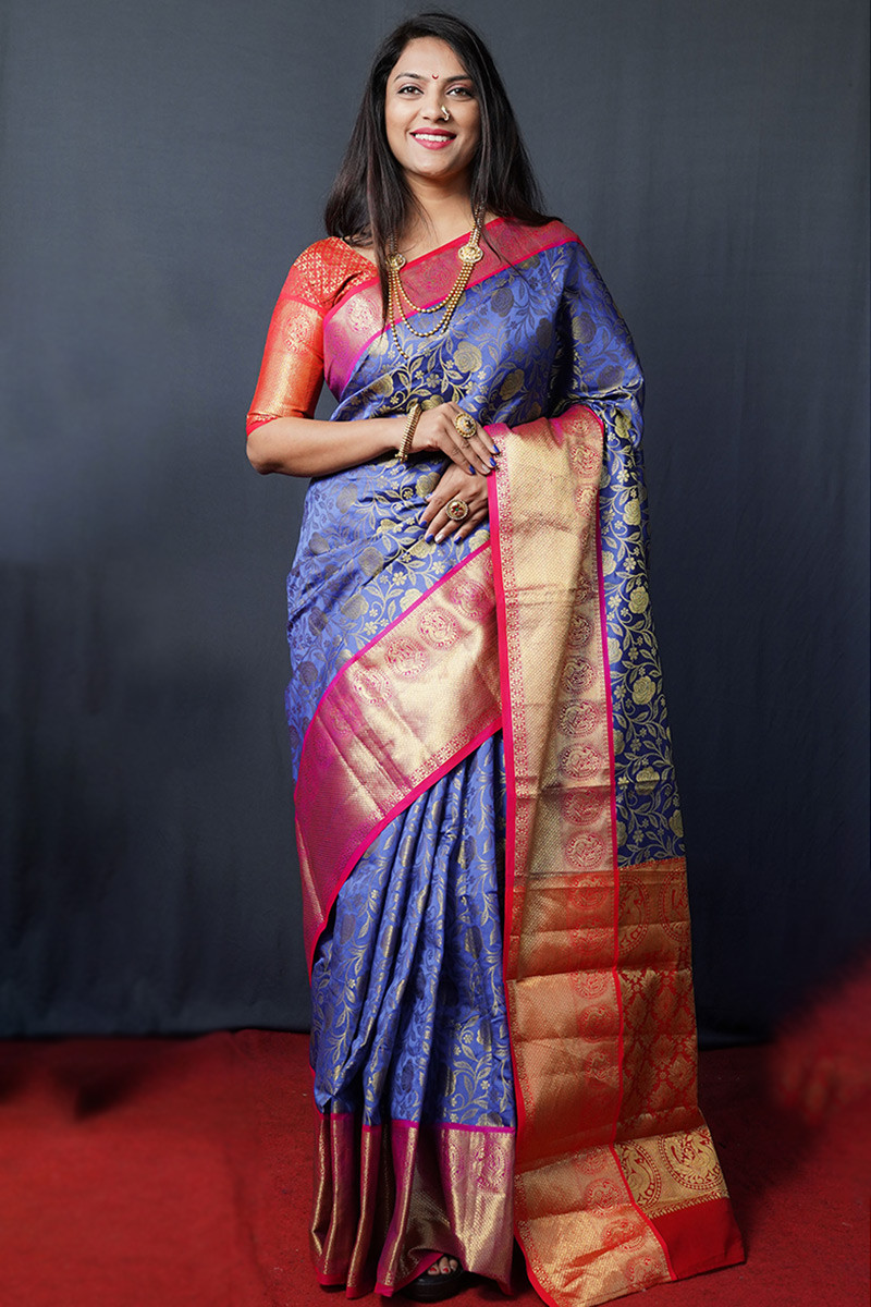 Buy Royal Blue Zariwork Satin Designer Saree - Koskii