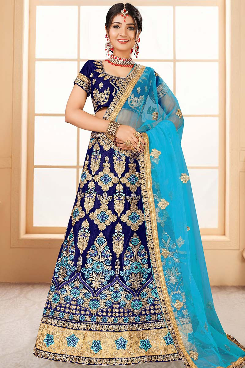 Royal blue deals velvet lehenga online