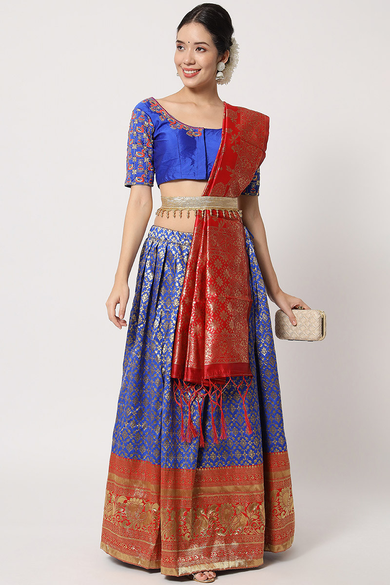Buy Blue Embroidered Layered Lehenga Online in USA with Red Dupatta – Pure  Elegance