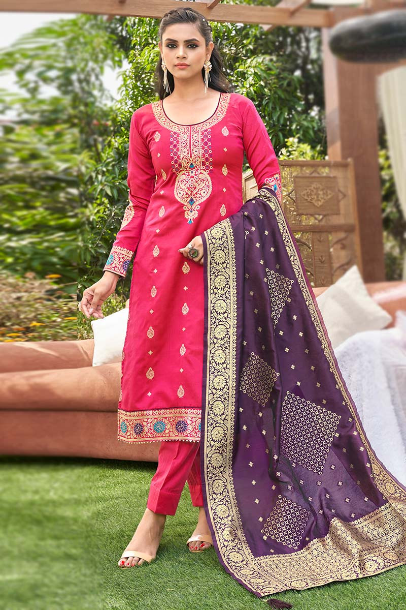 Peach Cotton Trouser Salwar Suit with Chiffon Dupatta