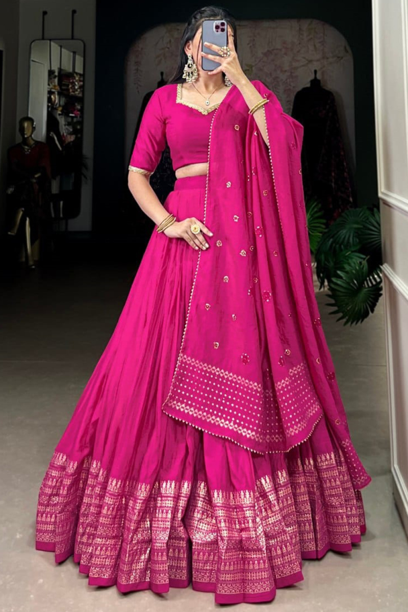 Ruby Pink Chanderi Cotton Woven Zari Flared Lehenga