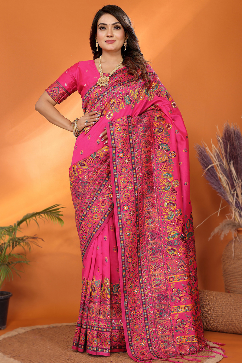 Ruby Pink Cotton Silk Weaved Thread Broad Border Saree 