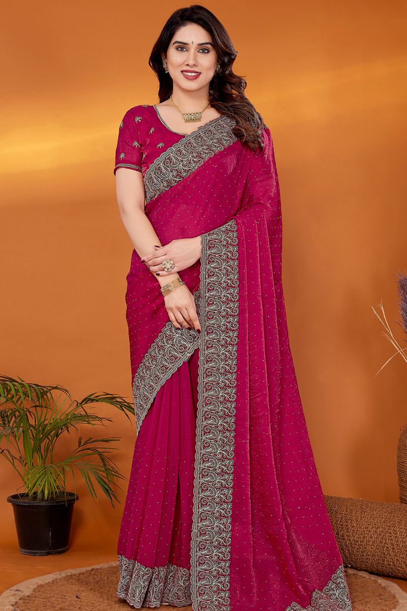 Ruby Pink Embroidered Chiffon Shimmer Saree 