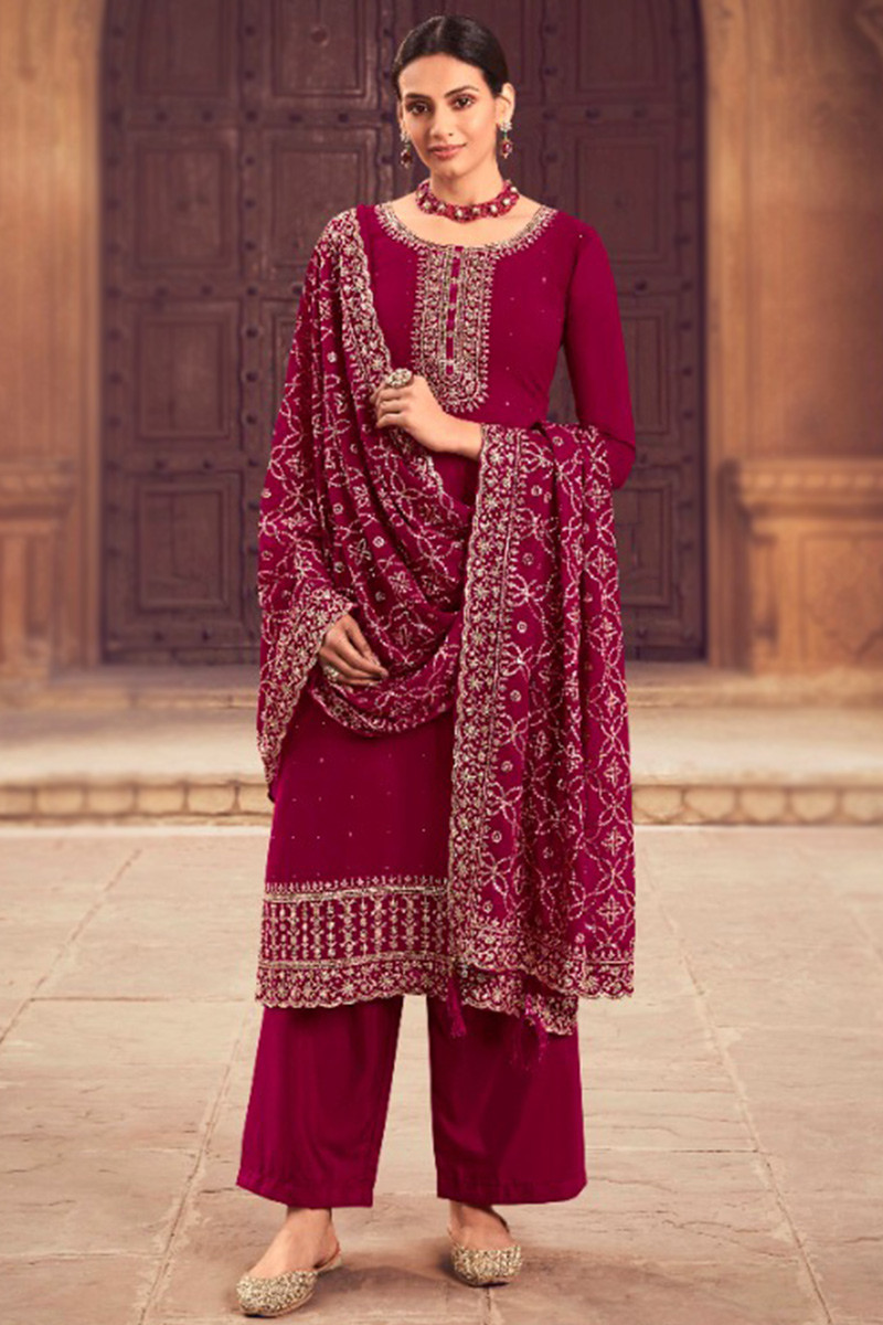 Ruby Pink Embroidered Georgette Palazzo Pant Suit