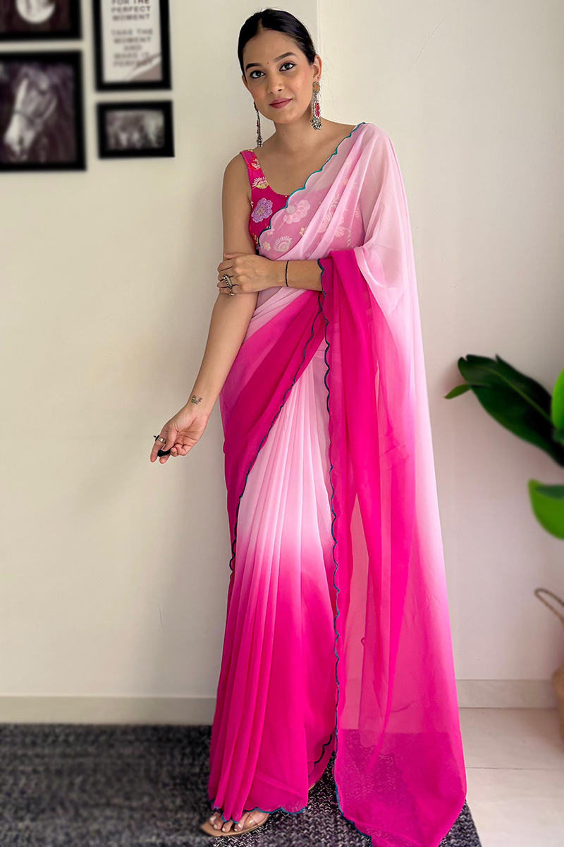 Ruby Pink Georgette Ombre Printed Saree