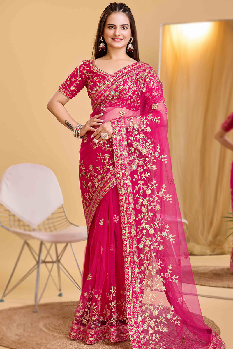 Ruby Pink Net Embroidered Light Weight Saree