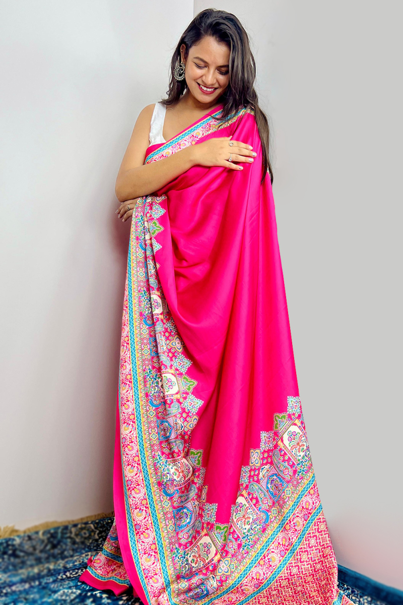 Ruby Pink Satin Printed Work Broad Border Saree