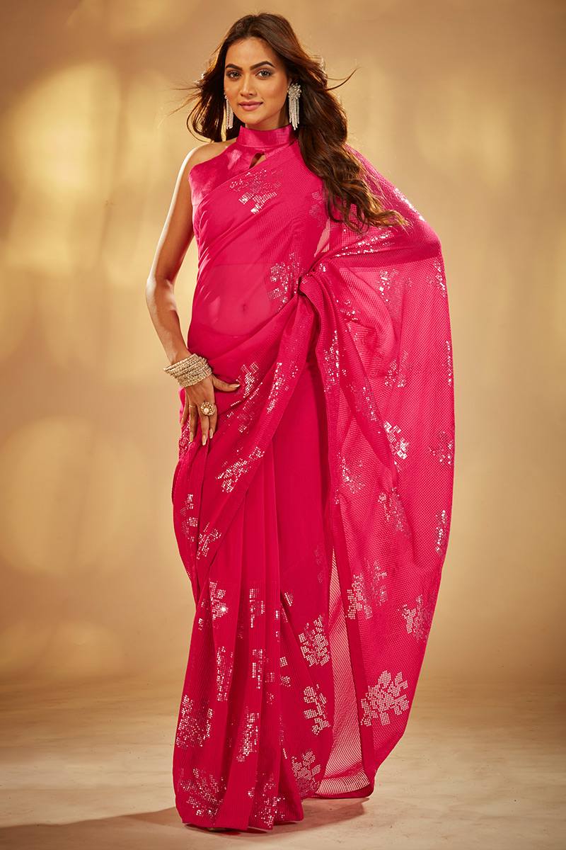 Ruby Pink Sequins Embroidered Saree in Georgette 