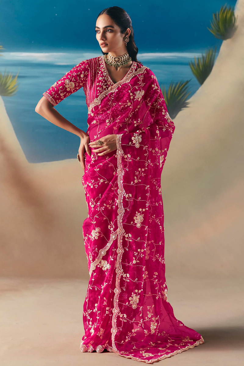 Ruby Pink Shimmer Tissue Saree With Bead Work