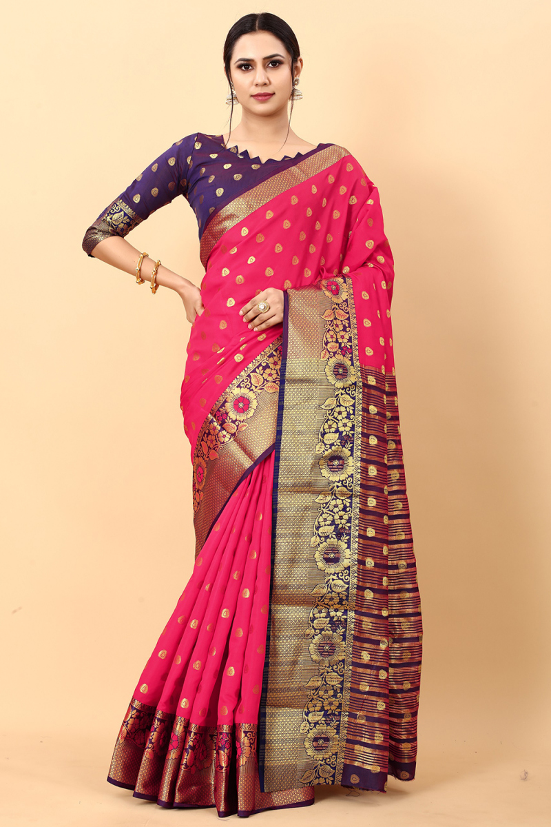 Ruby Pink Silk Blend Saree With Weaved Work For Diwali