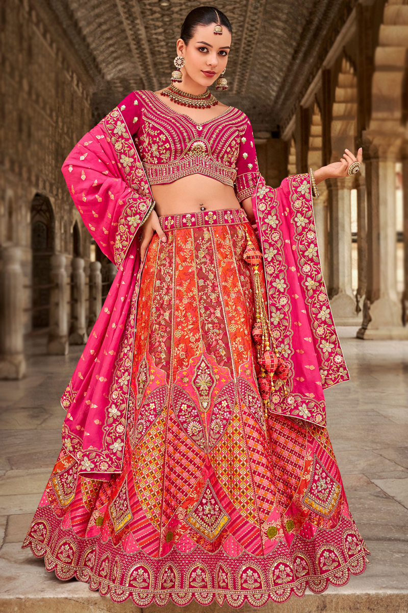 Bridal-Ready Ruby Pink Silk Lehenga with Panelled Embroidery