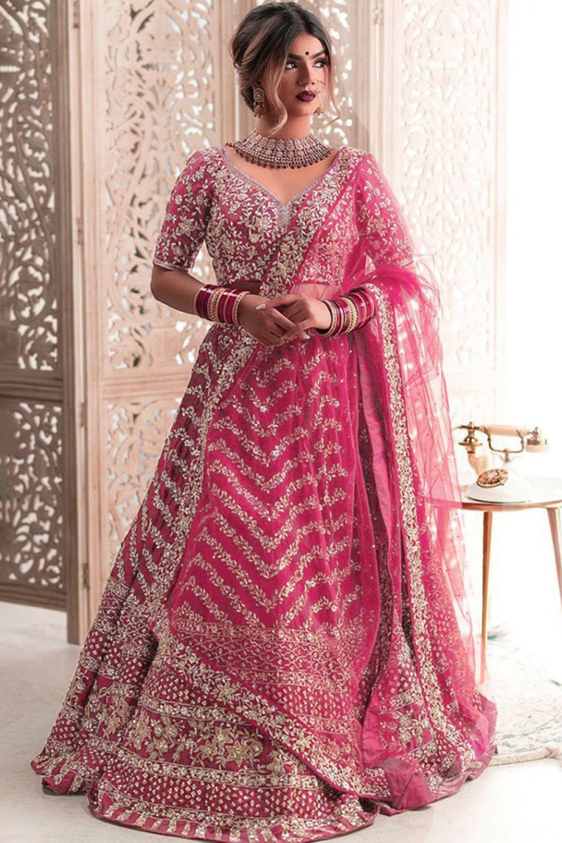 Ruby Pink Silk Embroidered Panelled Style Lehenga