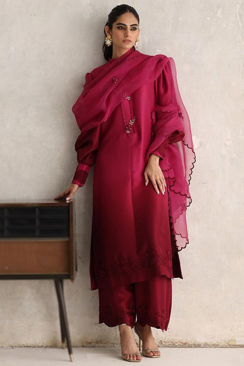 Patterned Ruby Pink Trouser Suit With Thread Work LSTV113294