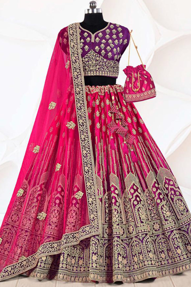 Ruby Pink Velvet A-Line Dori Embroidered Lehenga