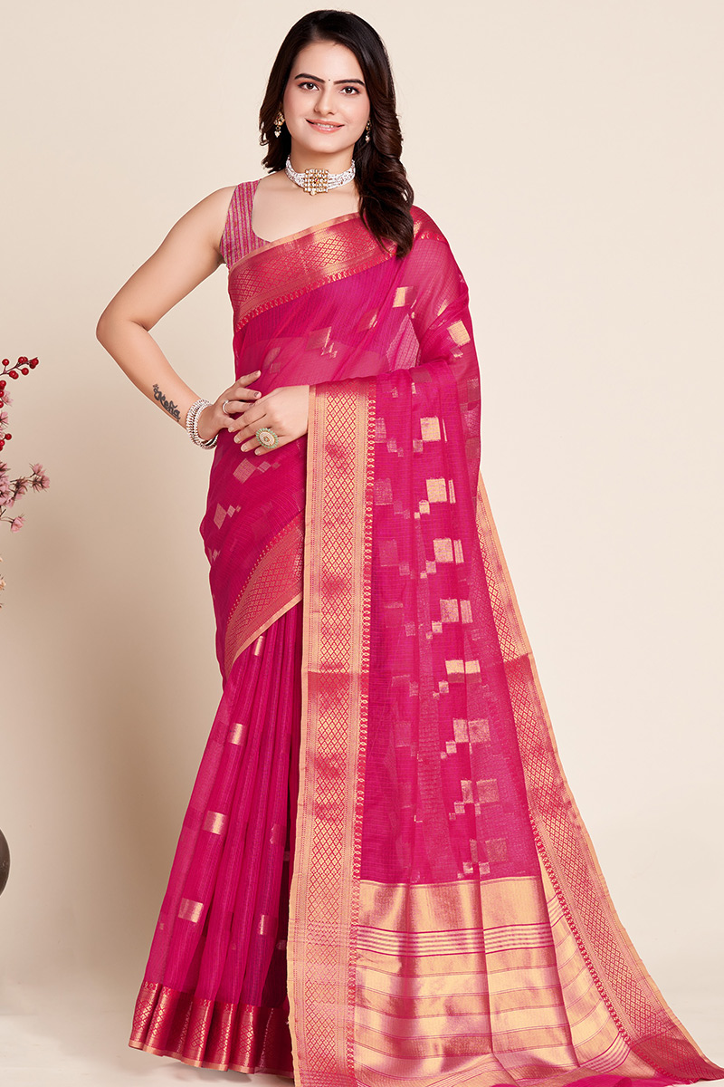Ruby Pink Weaved Zari Casual Wear Kota Doria Saree 