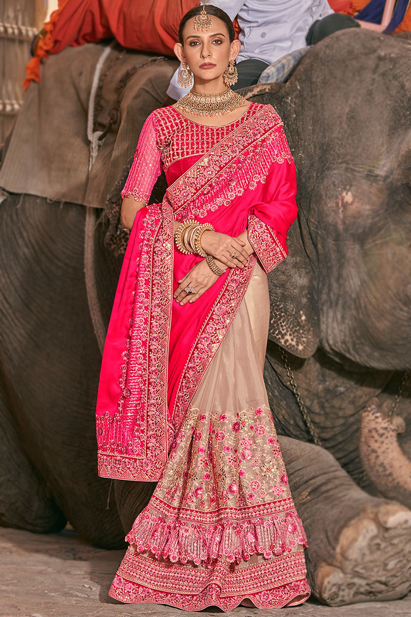 Ruby Red And Beige Embroidered Satin Silk Half And Half Saree 