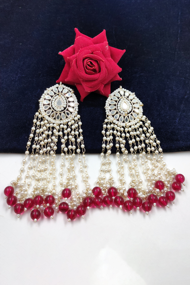 Ruby Red And White Beads Gold Plated Dangle Earrings