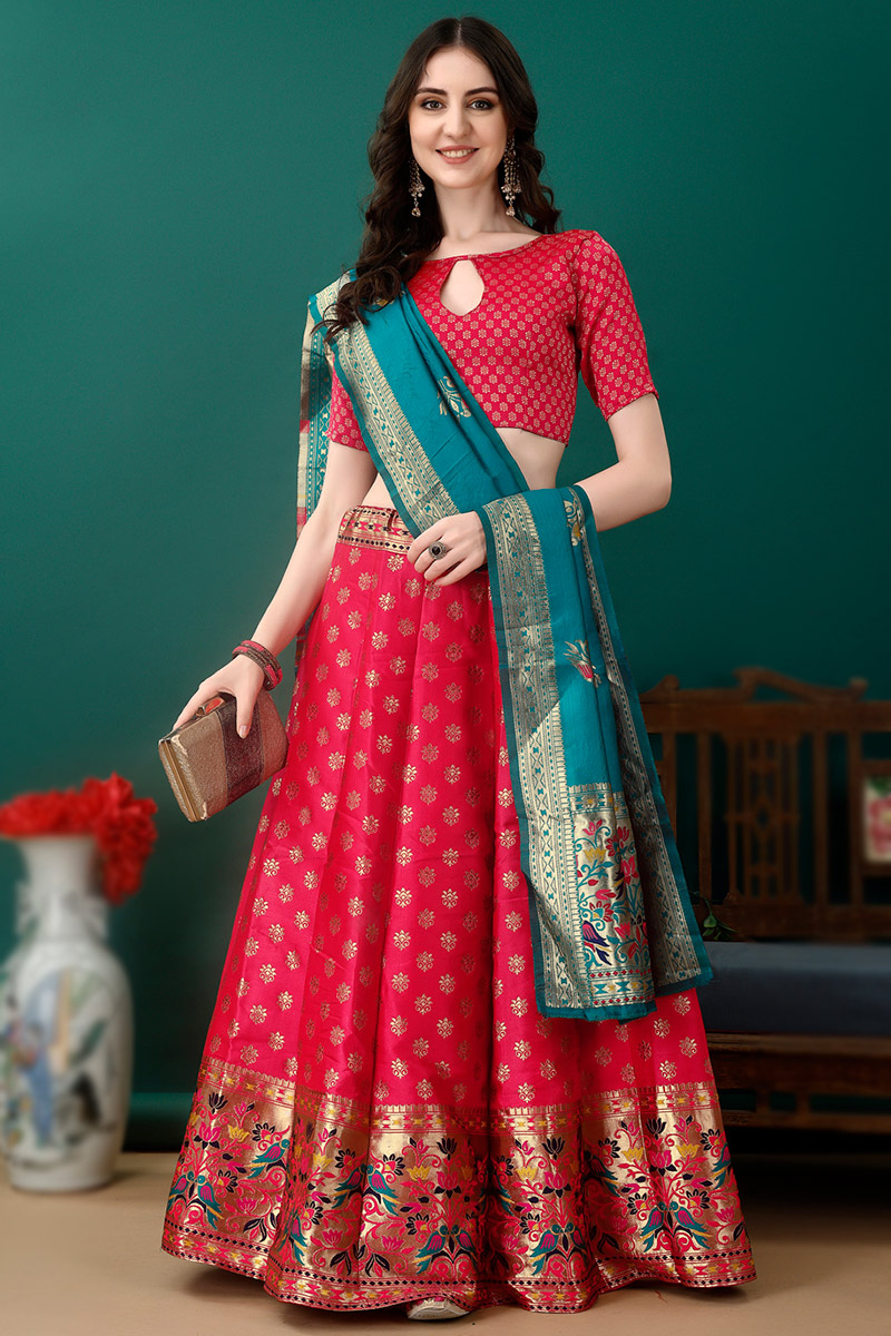 Ruby Red Art Silk Woven Zari Panelled Style Lehenga