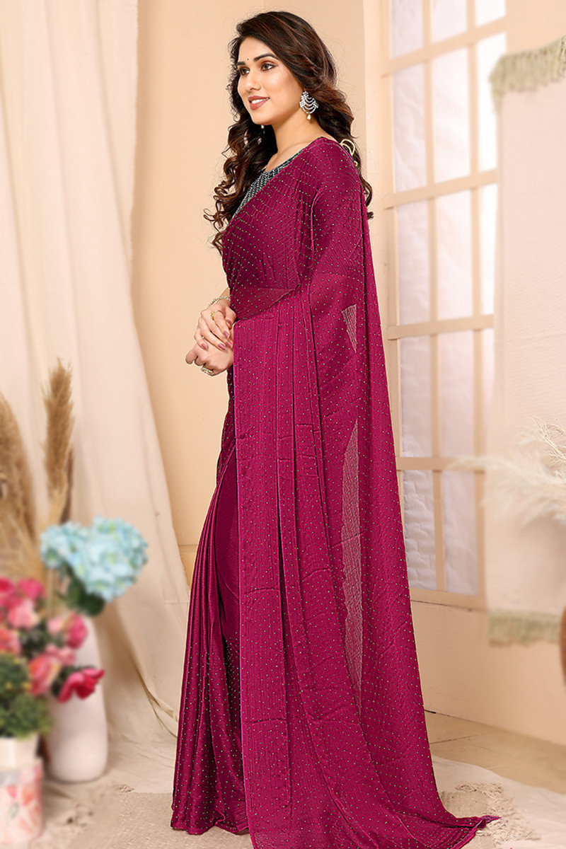 Ruby Red Chiffon Stone Embellished Light Weight Saree
