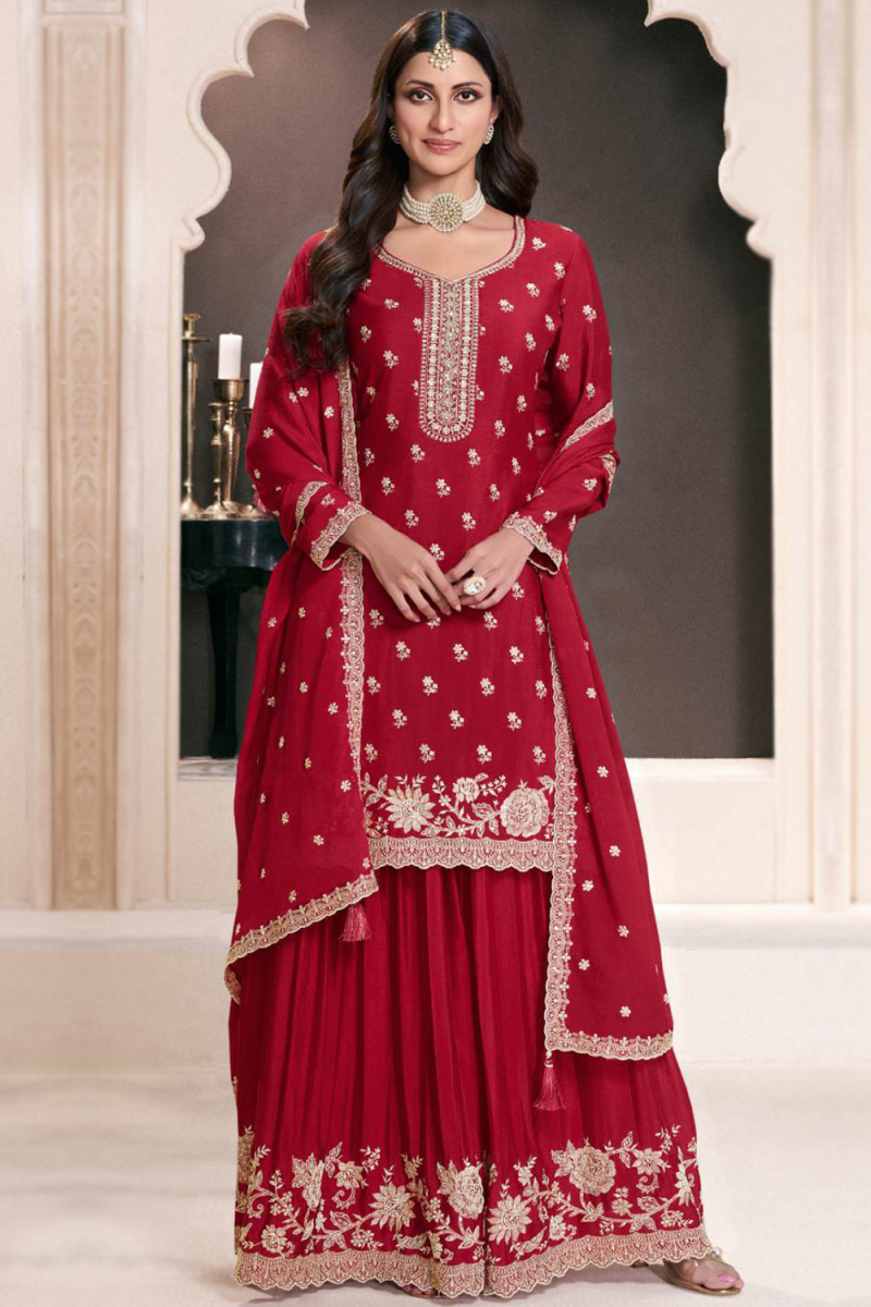 Ruby Red Embroidered Chinnon Straight Cut Sharara Suit 