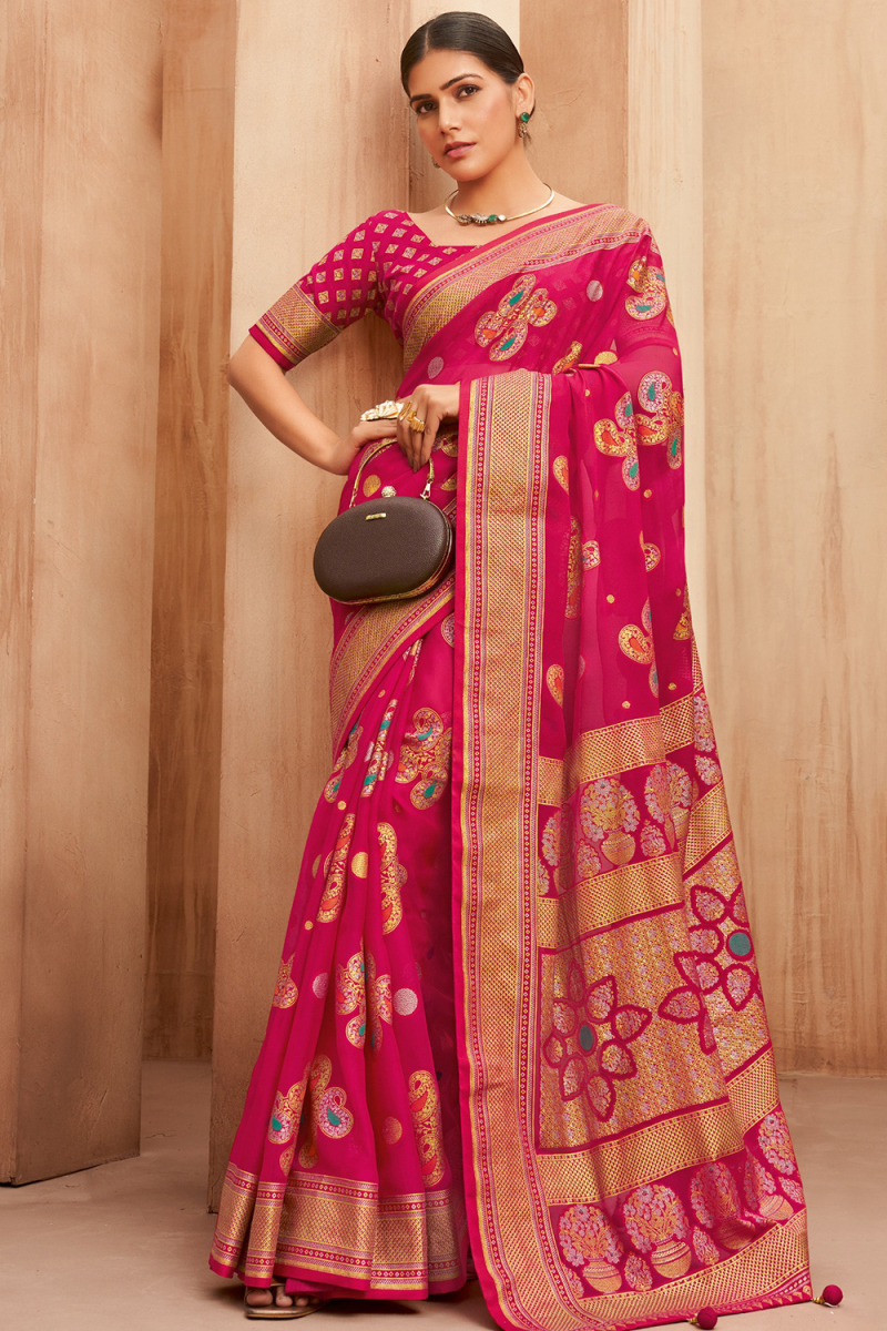 Ruby Red Georgette Saree with Foil Print for Diwali Wear