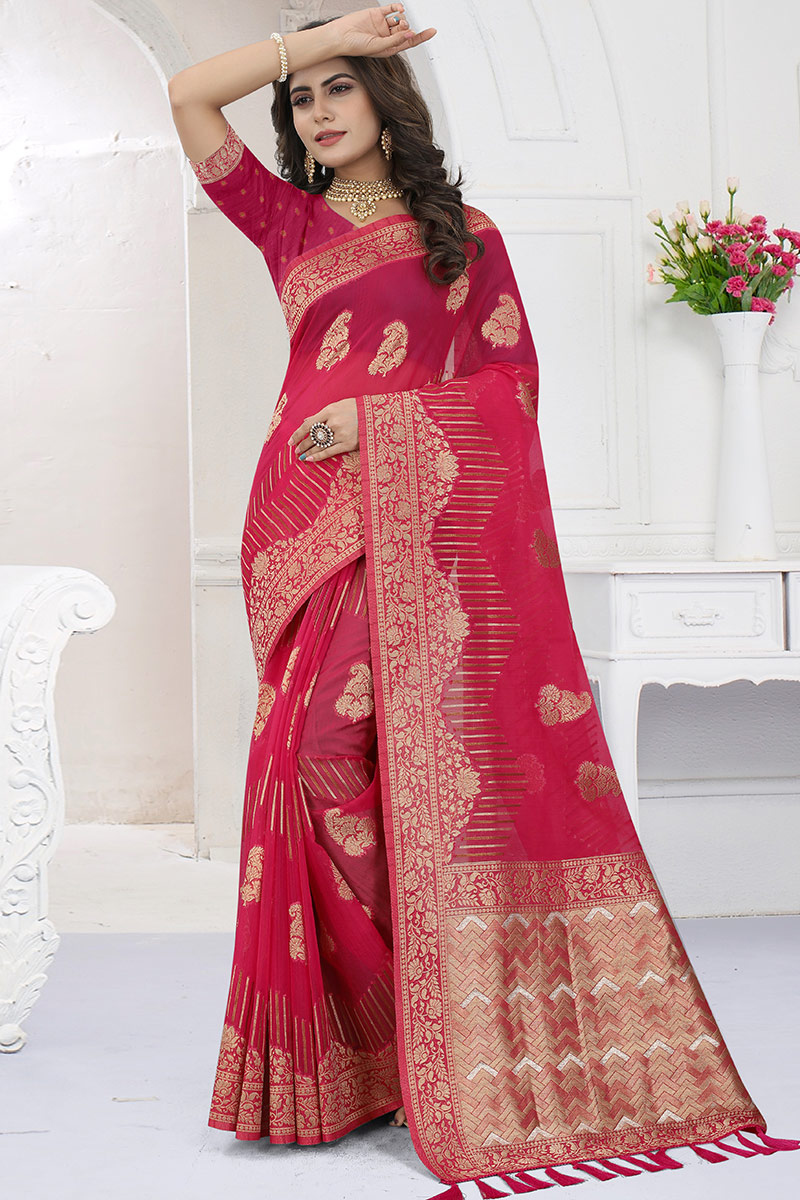 Ruby Red Organza Embroidered
Saree