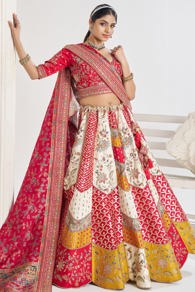 Ruby Red Silk Blend Embroidered Panelled Style Lehenga