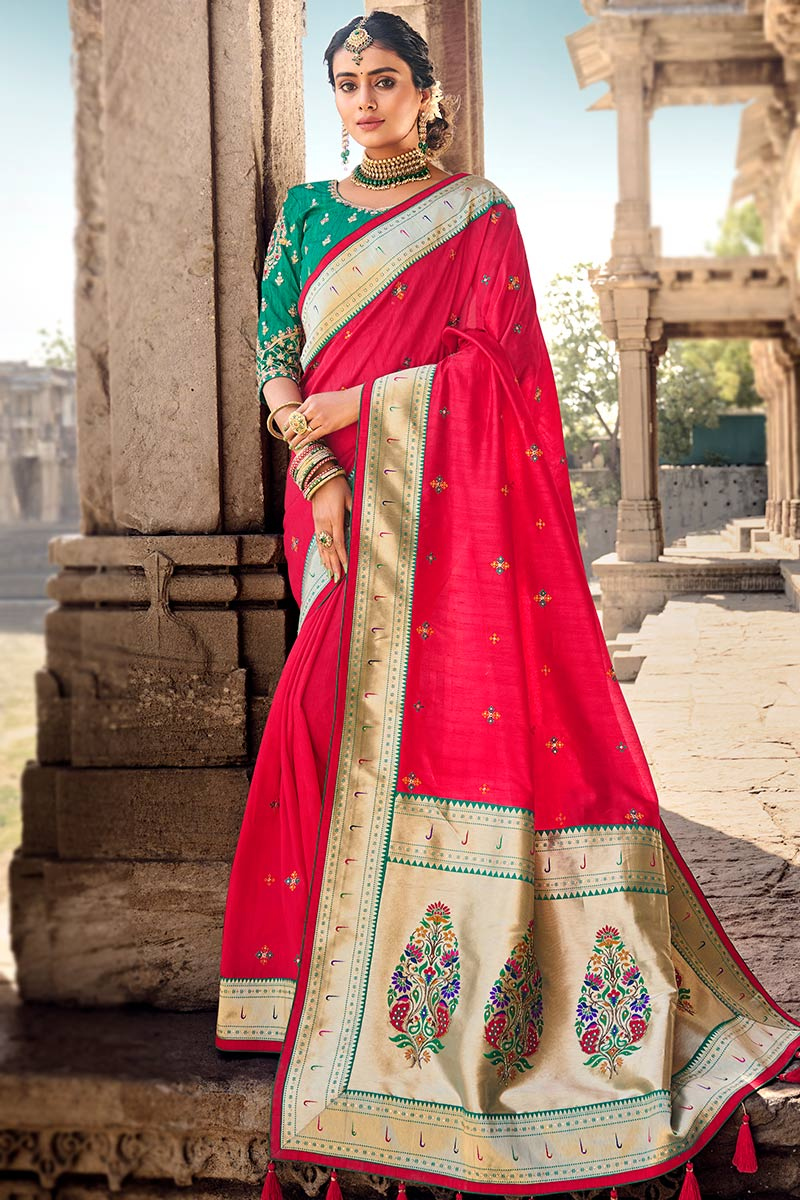 Woven Saree in Silk Ruby Red for Wedding 