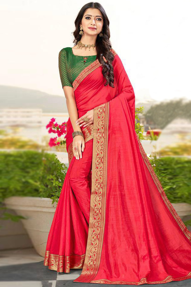 Ruby Red Soft Silk Saree with Lace Border