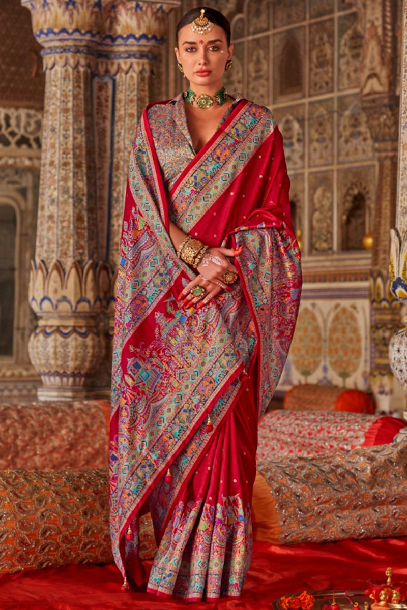 Ruby Red Soft Silk Saree with Printed Work for Diwali