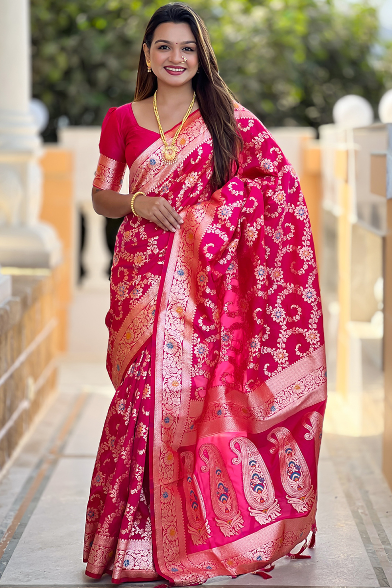 Ruby Red Soft Silk Saree With Weaved Work For Diwali