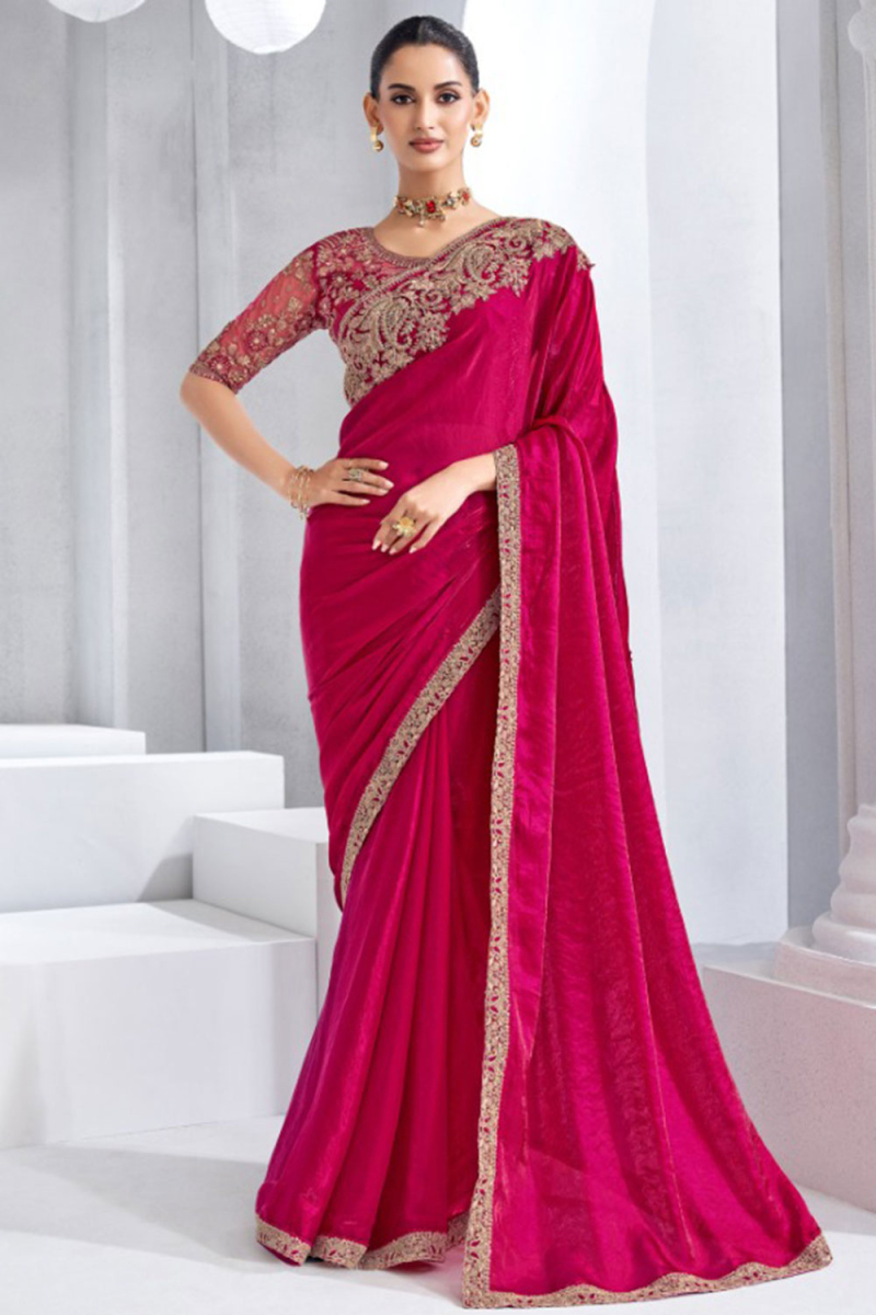 Ruby Red Tissue Embroidered Shimmer Saree 