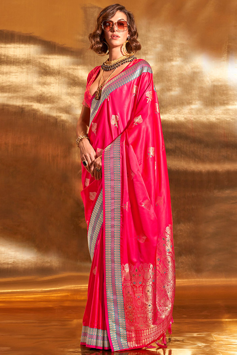 Ruby Red Weaved Zari Silk Broad Border Wedding Saree 