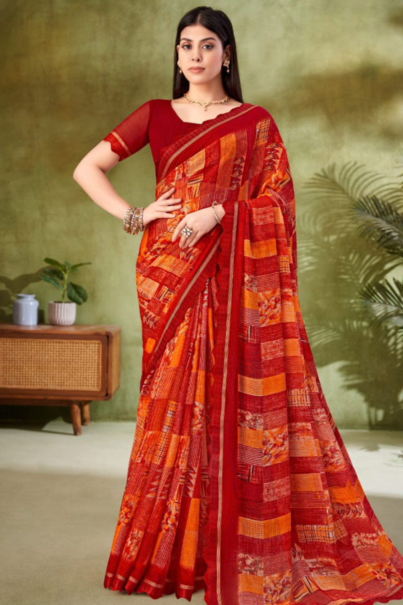 Rust Orange Chiffon Saree With Printed For Casual Wear