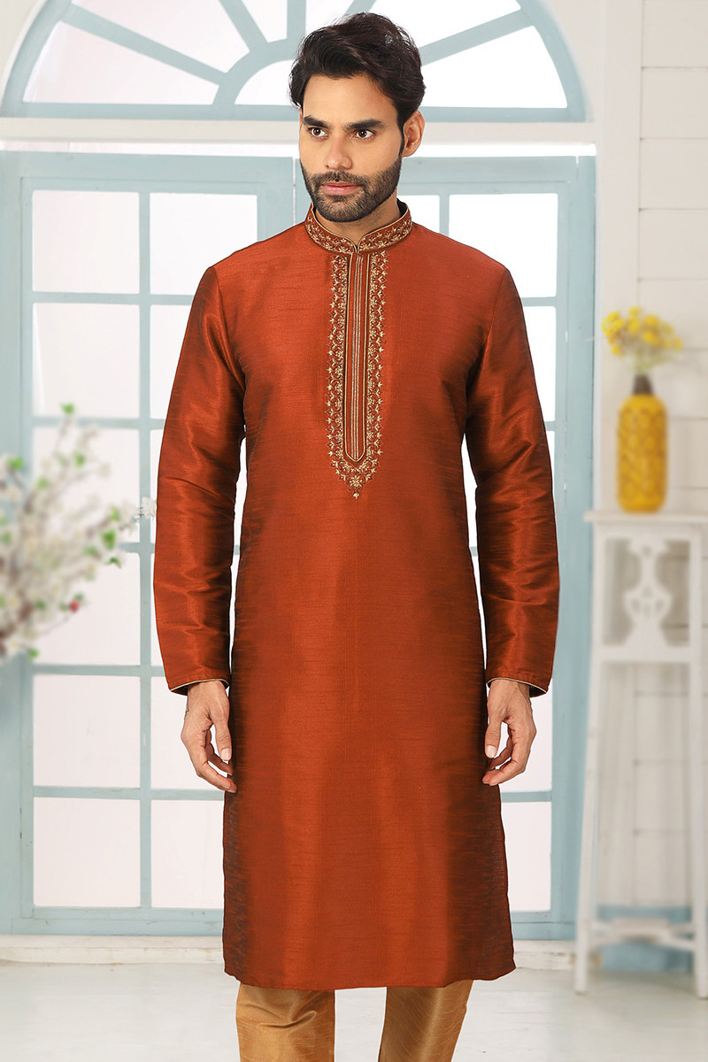 Rust Orange Dupion Silk Embroidered Straight Cut Men s Kurta