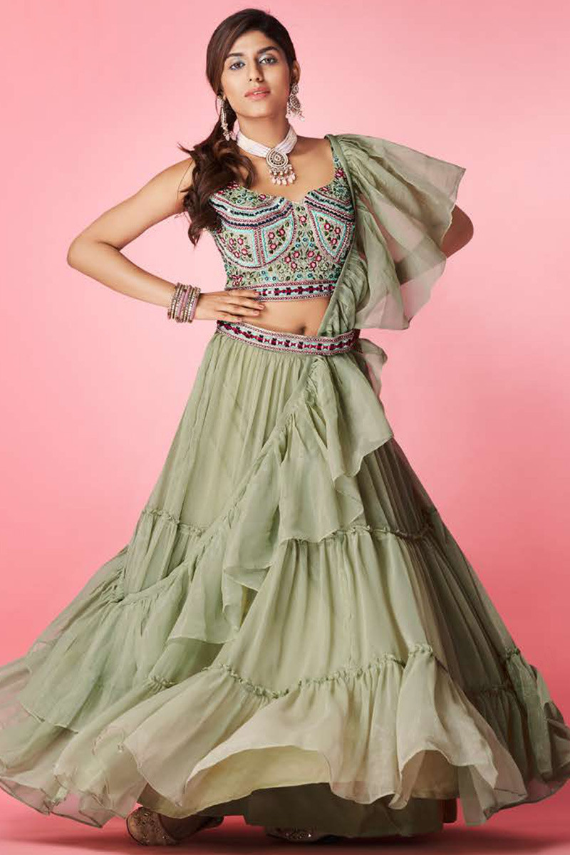 Online Shopping Sage Green Chiffon Plain Lehenga With Embroidered