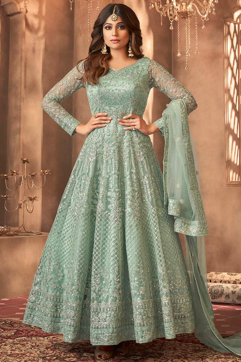 Special Offer Sage Green Anarkali Suit With Sequins Work LSTV110975