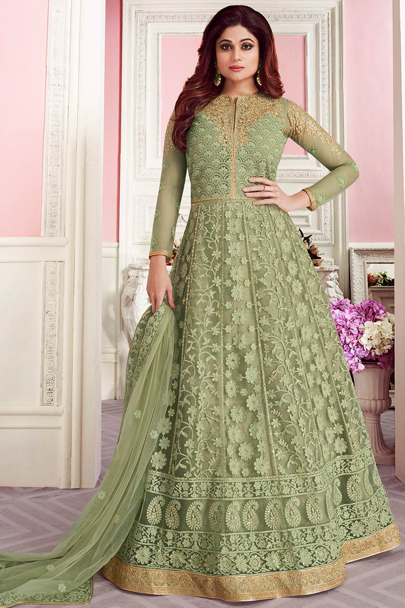 Buy Sage Green Net Anarkali Suit With Lakhnavi Work Online