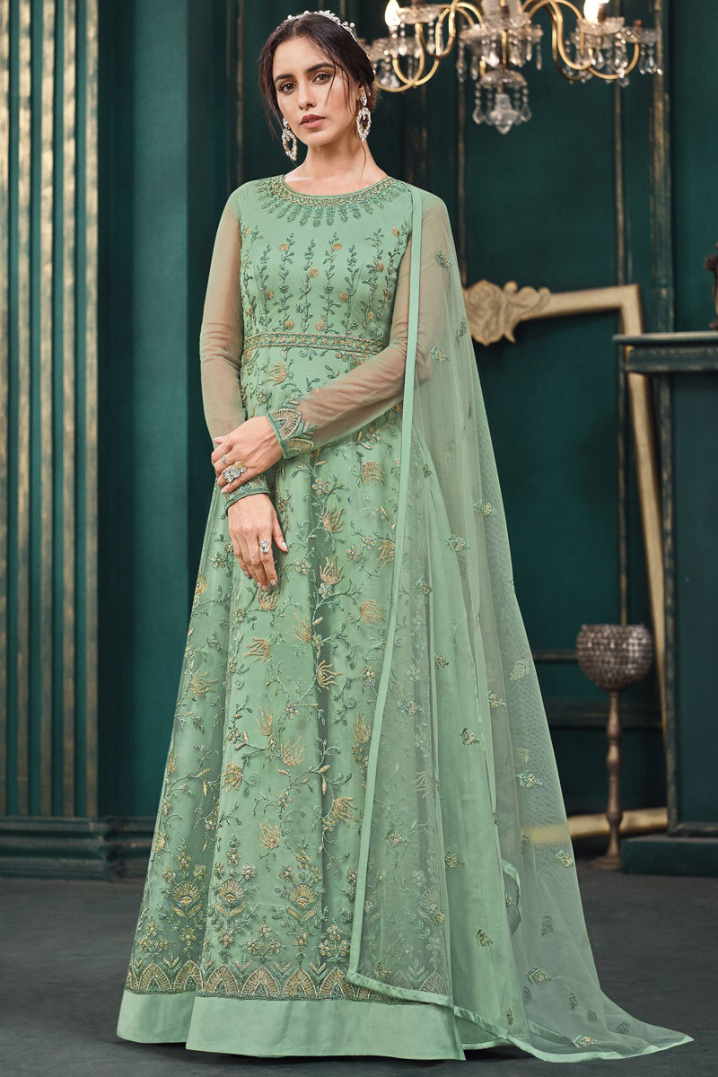 Buy Latest Style Pistachio Green Anarkali Suit with Sequins LSTV113511