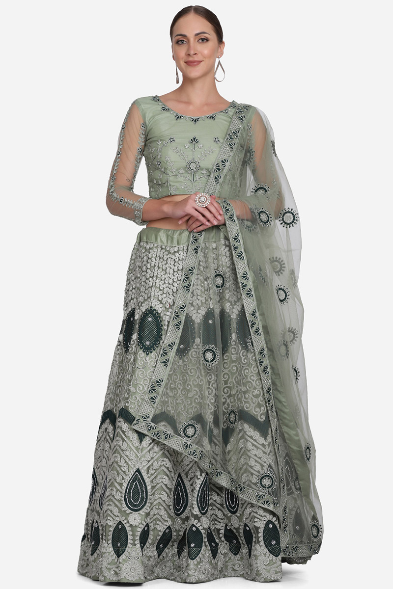 Sage Green A Line Wedding Wear Lehenga in Net