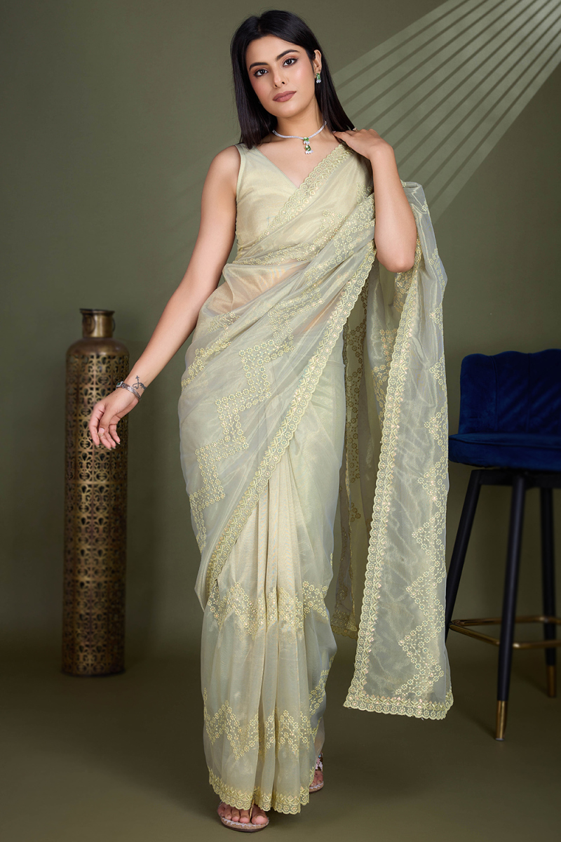 Sage Green Net Embroidered Shimmer Saree