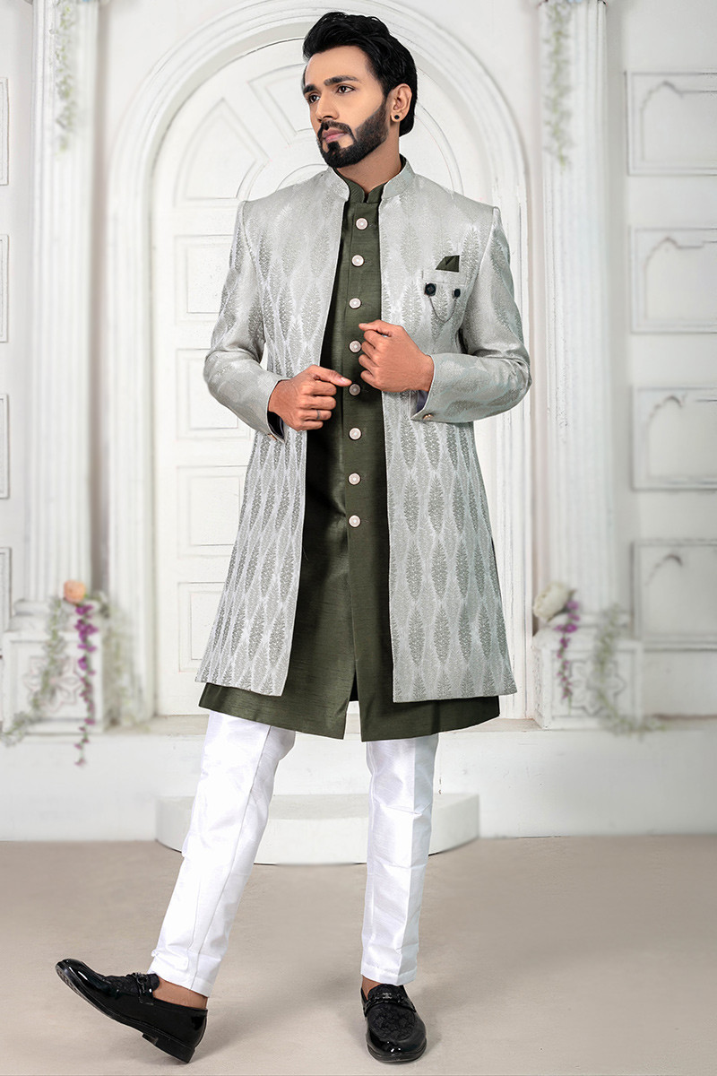 Sage Green Weaved Zari Dupion Silk Men s Jacket Style Sherwani MSTV02891