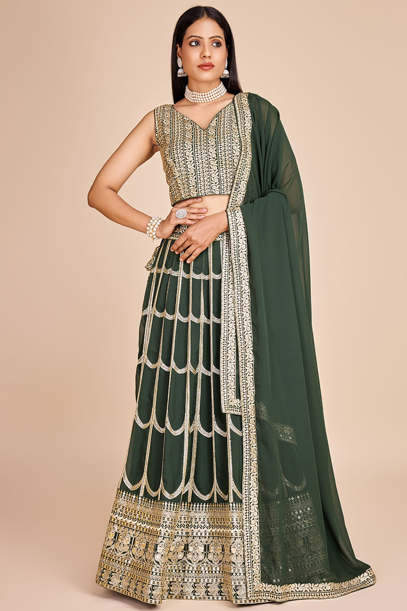 Sage Green Zari Embroidered Georgette Lehenga For Mehndi 