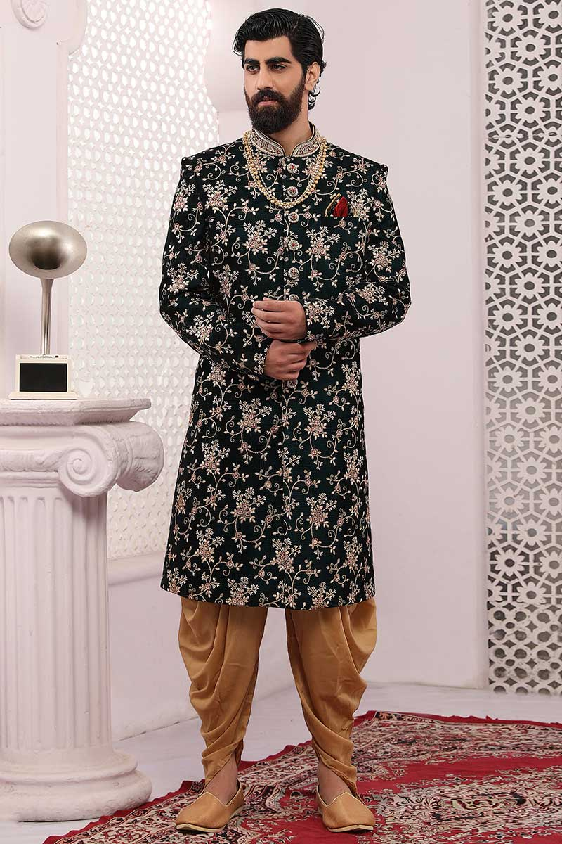 Salamander Green Silk Embroidered Men's Sherwani