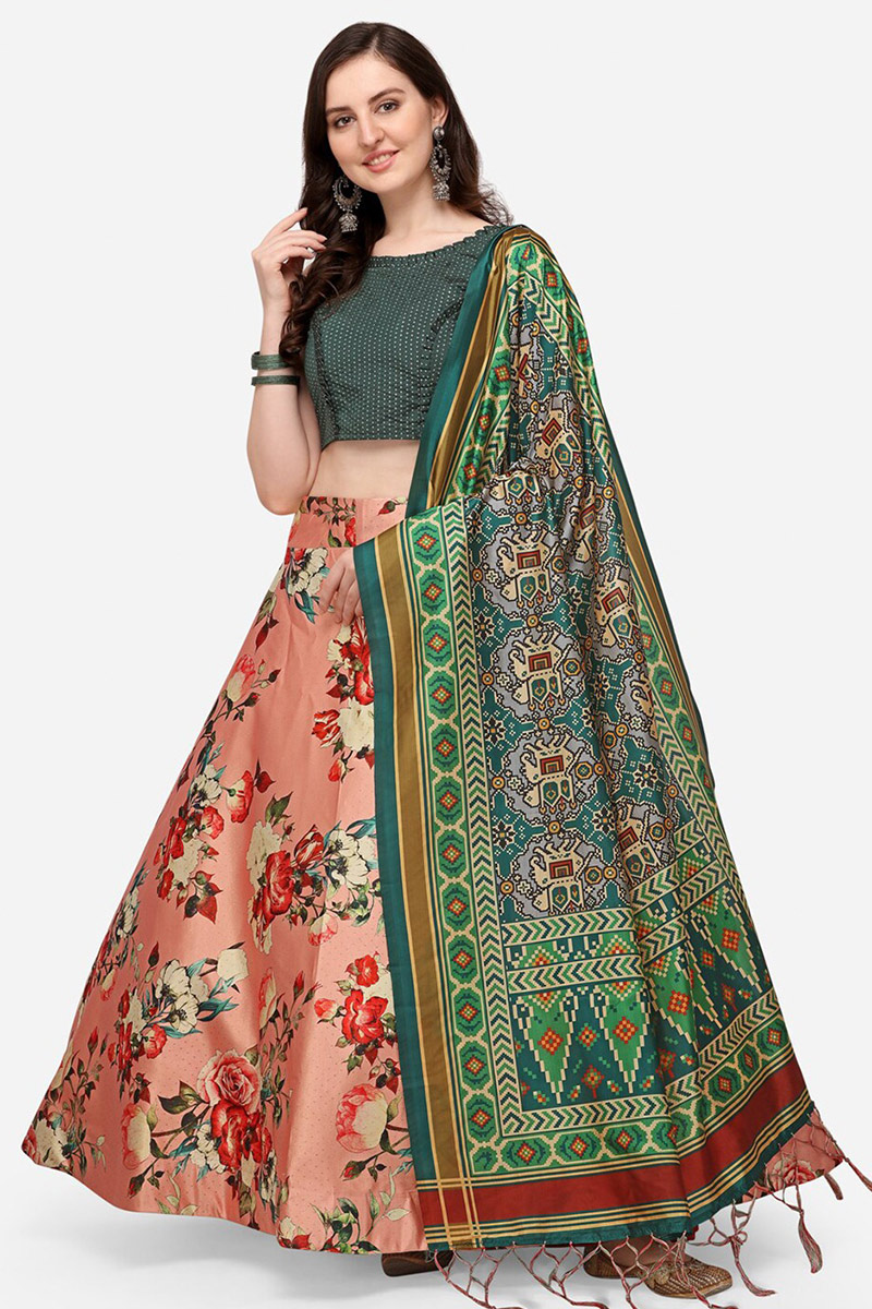 Salmon Orange Floral Print Silk A Line Style Lehenga 