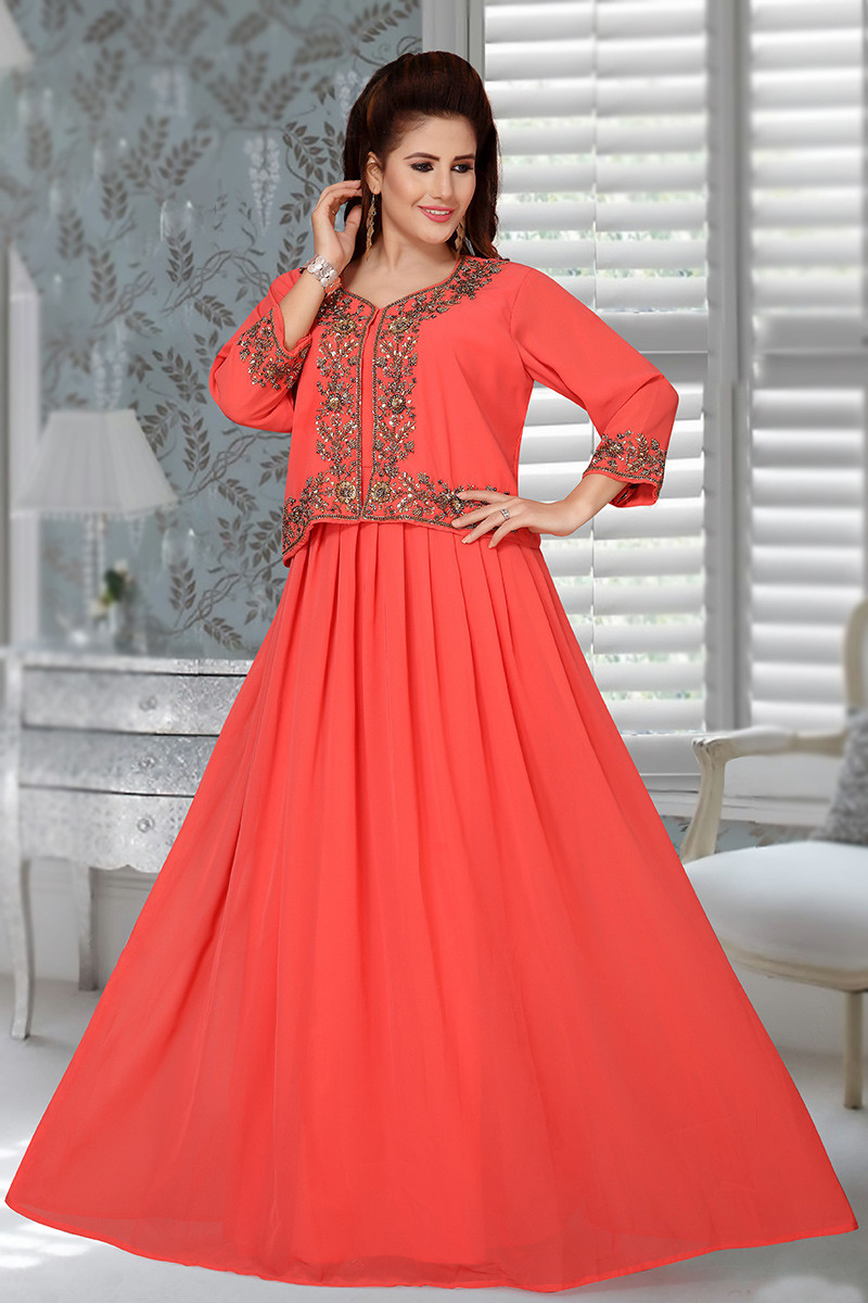 Salmon Orange Georgette Jacket Style Embroidered Kurti LKV001649