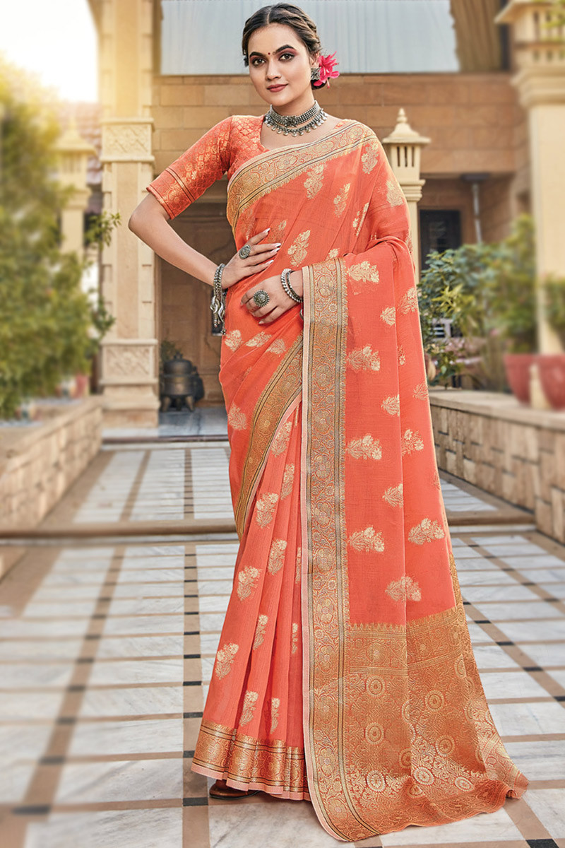 Melon Orange Silk Linen Saree With Silver Zari Stripes - Dhunki fashion