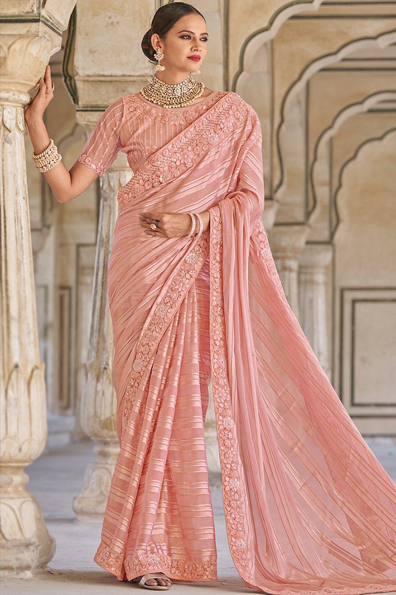 Salmon Peach Chiffon Lurex Thread Weaved Party Wear Saree