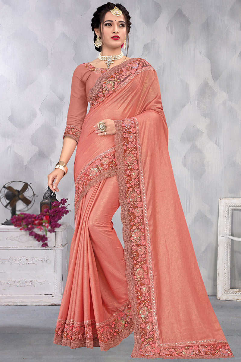 Buy Peach Saree Georgette Plain V Neck Ruffle With Mesh Blouse For Women by  Nikita Vishakha Online at Aza Fashions.